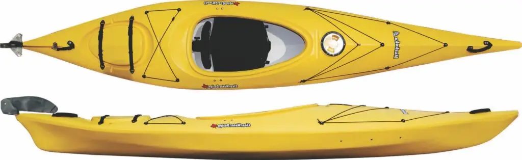 Yellow ClearWater Design Muskoka kayak with rudder system.